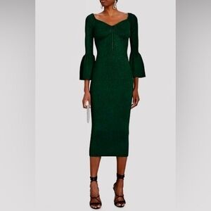 Self Portrait Knit Green Midi Dress with Flared Sleeves